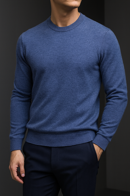 Leo - Men's Round Neck Pure Cashmere Sweater Flower Blue