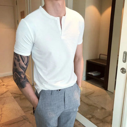 Men's Plain V Neck Cotton Linen T-Shirt